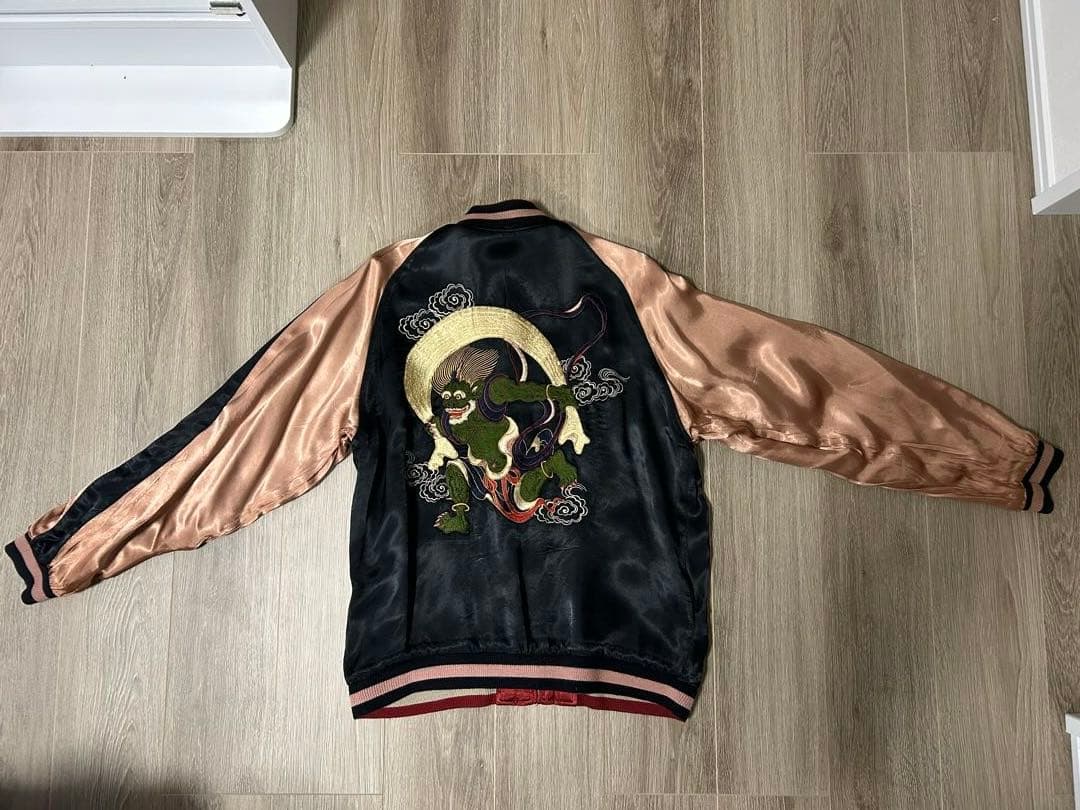 刺繍入り赤金スカジャン　百花繚乱　風神　雷神