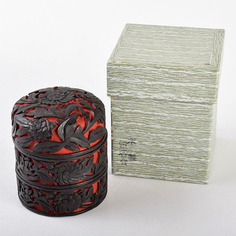 中国　堆朱　堆黒　内七宝 　花文　重香合　M　R5962