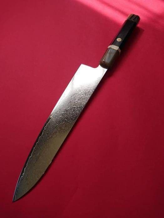 鏡面ダマスカス67層V金10号鏡面牛刀240mm 黒檀白水牛柄