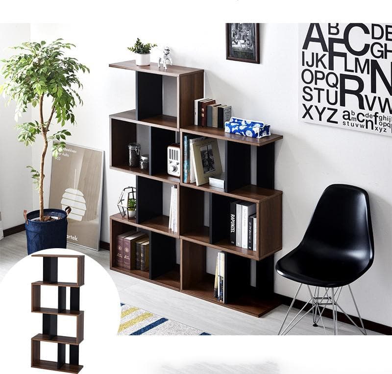 ディスプレイラック S字 4段タイプ 多目的収納 本棚 ウォルナット×ブラック