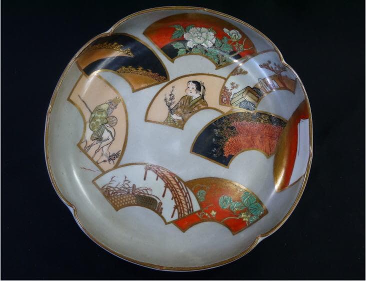 九谷焼　清閑　輪花七寸浅鉢　お福さん御所車寿老人　扇面図 清水清閑　状態良美品