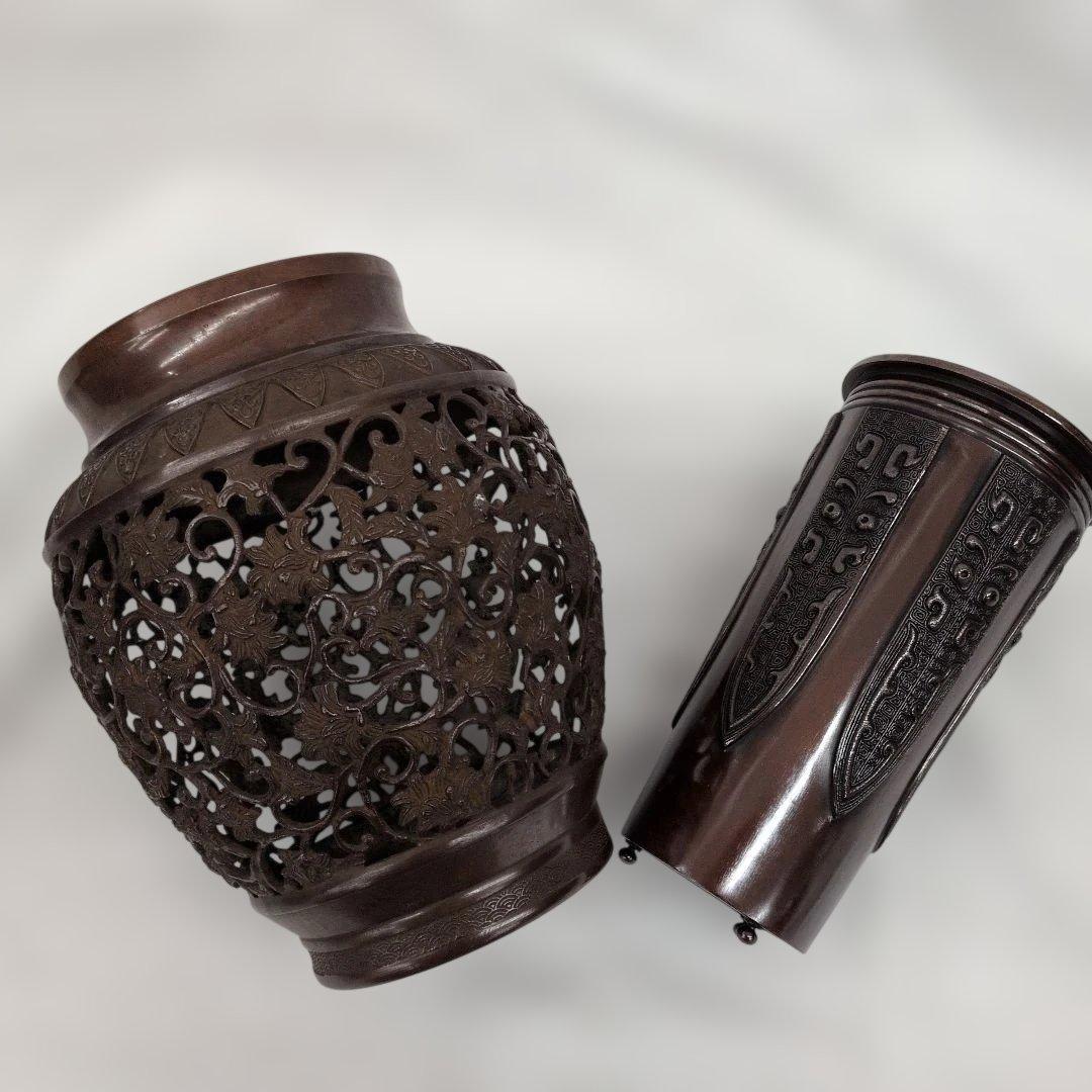 花銅器☆ 唐草透かし　薄端 焼型　唐銅　銅器　花生　薄端