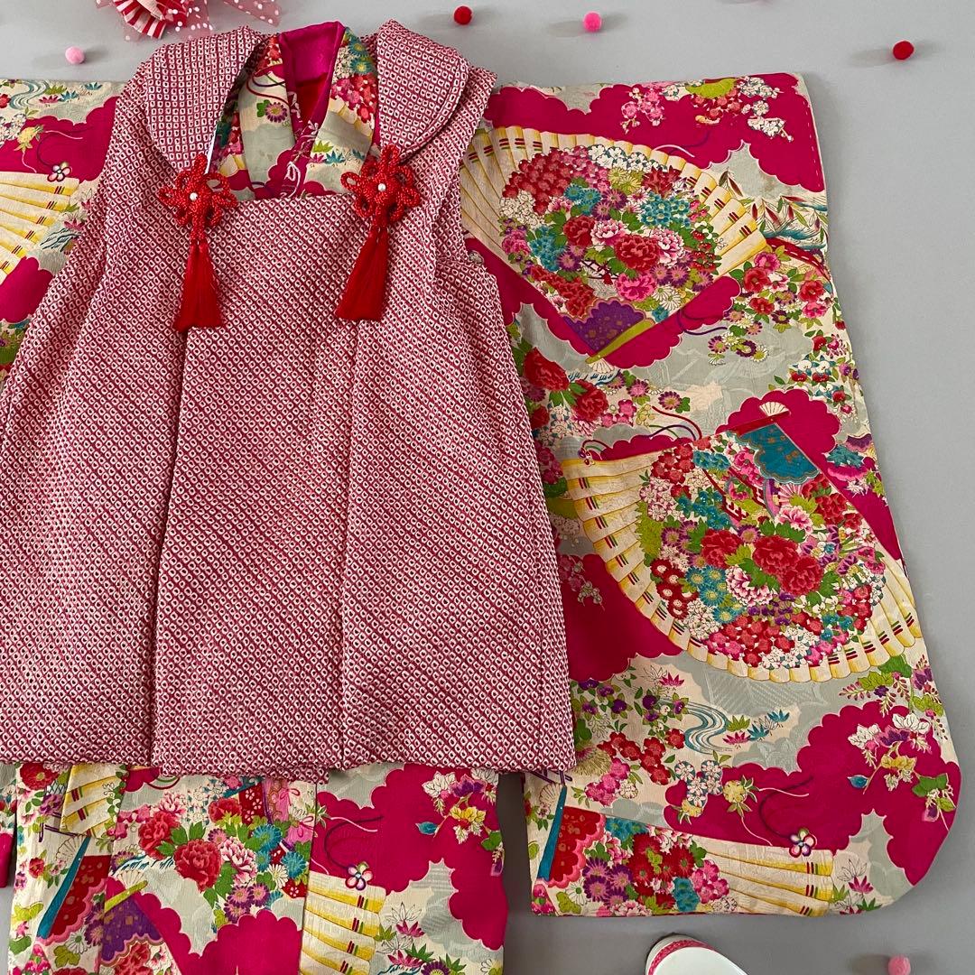 七五三　3歳　アンティークお着物セット　ハンドメイド　正絹総絞りの被布コーデ