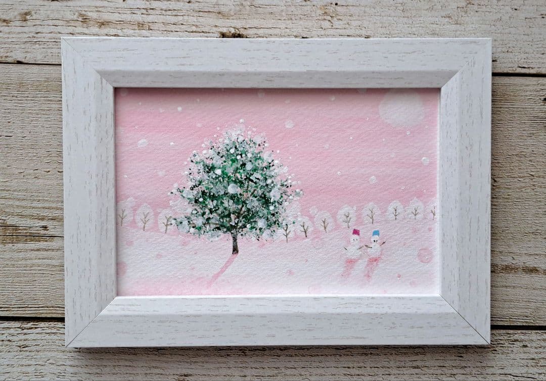 【すず☆らん】1本の木と雪だるま♡アクリル画　ハガキサイズ#70