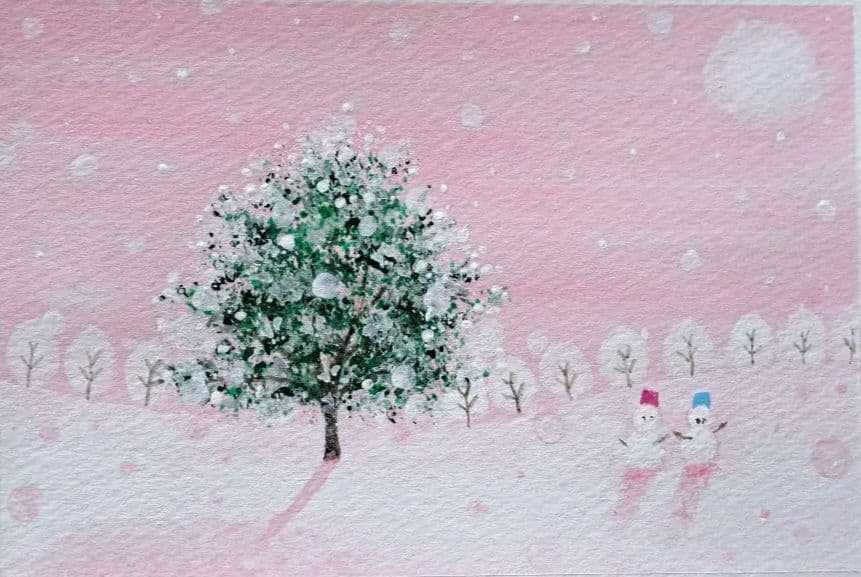 【すず☆らん】1本の木と雪だるま♡アクリル画　ハガキサイズ#70