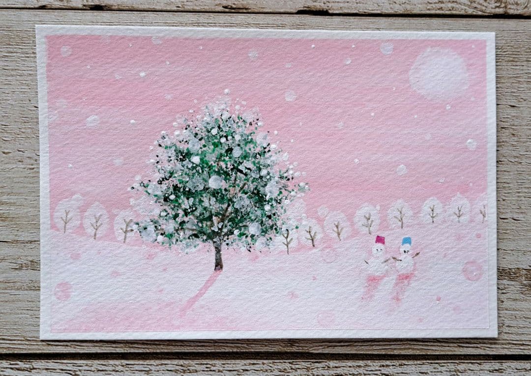 【すず☆らん】1本の木と雪だるま♡アクリル画　ハガキサイズ#70