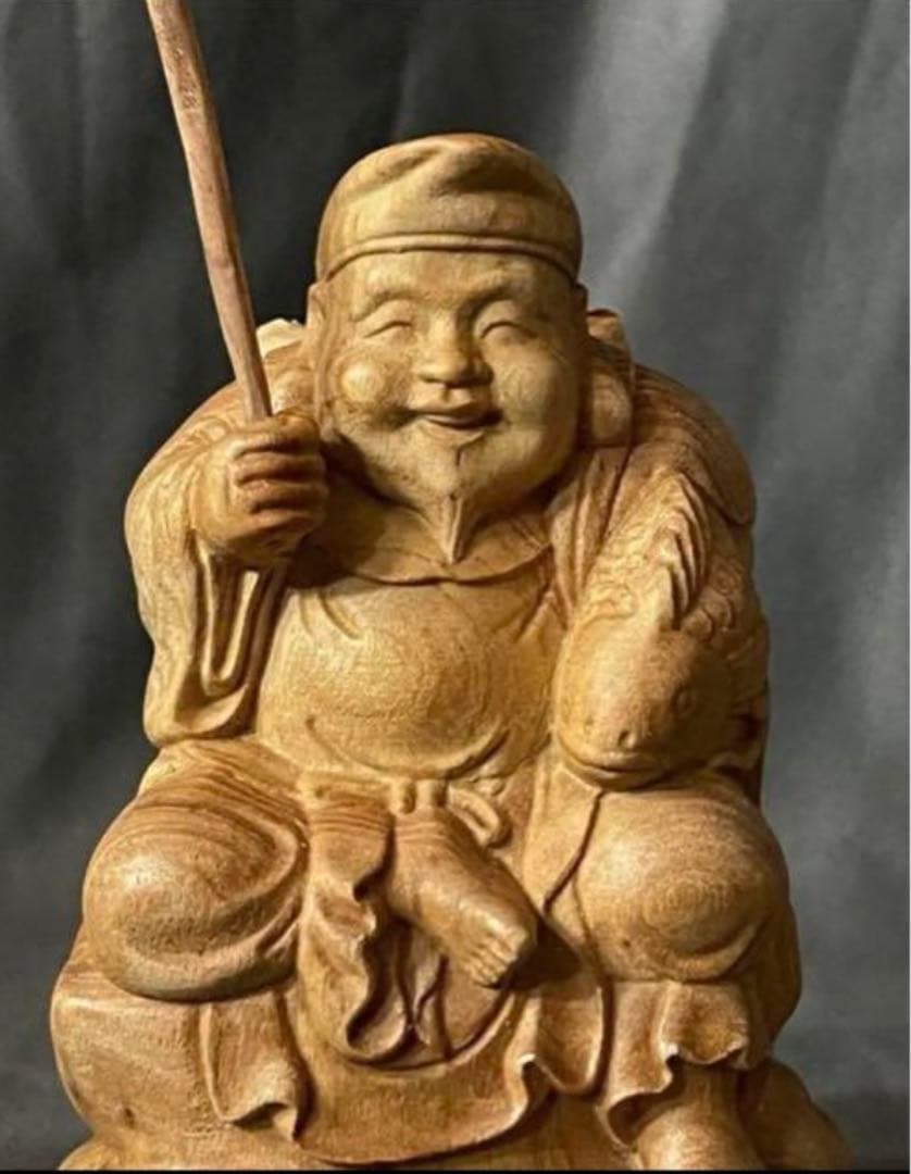 極上品　仏教工芸品　一刀彫　総ケヤキ材　福神　恵比寿　大黒