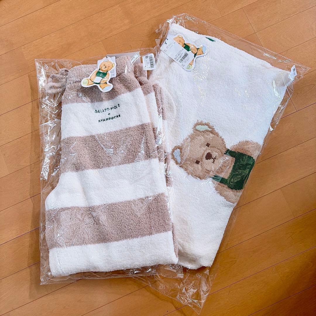 ジェラピケ スタバ コラボ プルオーバー ボーダーロングパンツ モカベージュ