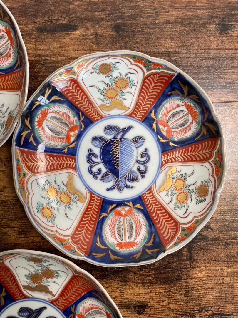 古伊万里　赤絵花図 七寸皿 五客（21.8cm）中皿 大皿 アンティーク