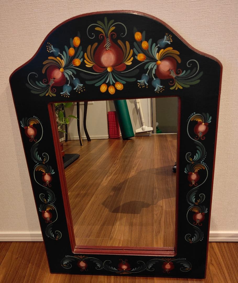 トールペイント 壁掛け鏡 ウォールミラー 手描き ハンドペイント 木製