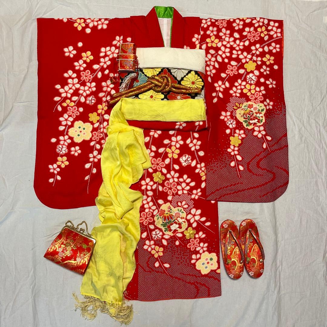 七五三　7歳　赤　正絹　ちりめん　アンティーク