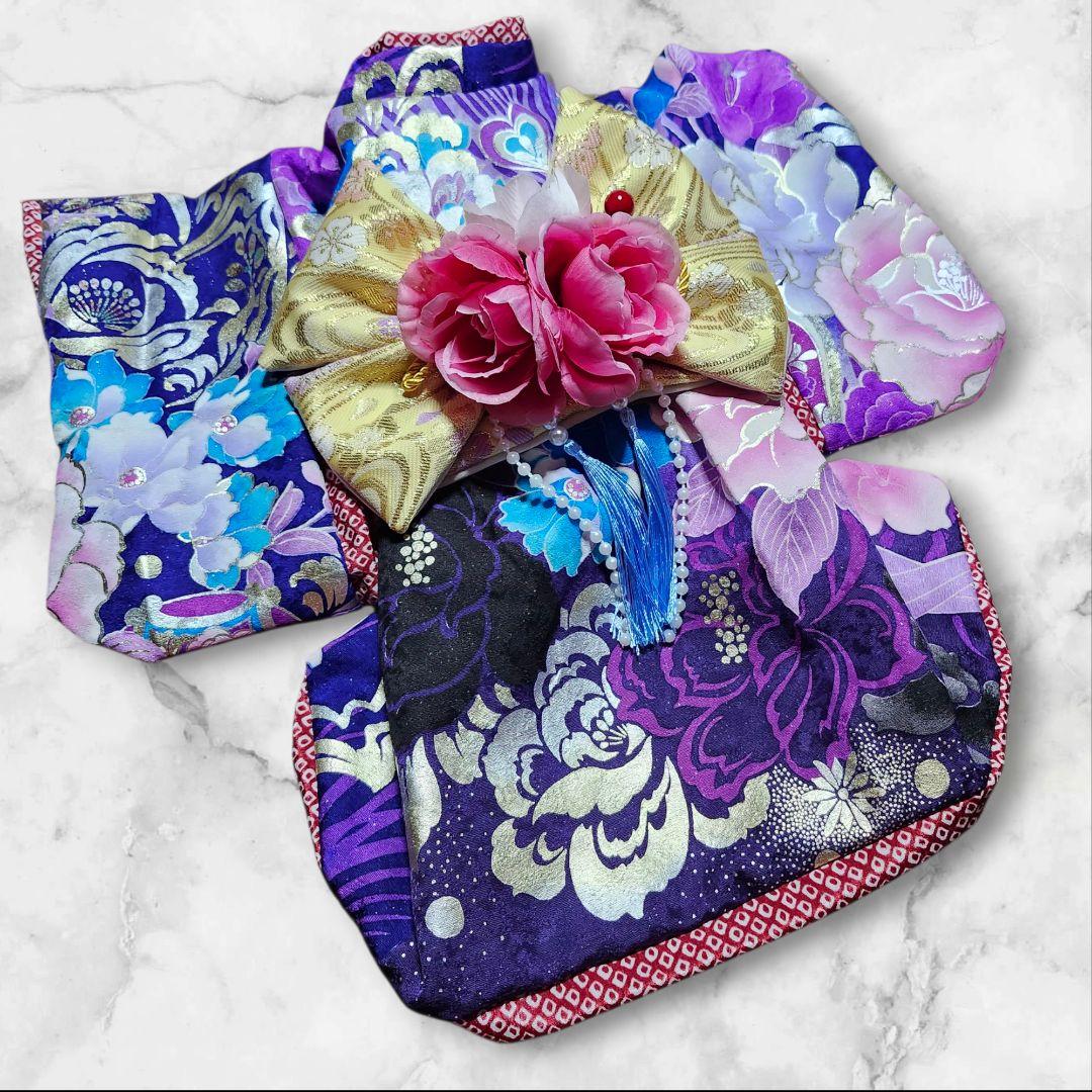 犬服　振り袖　引きずり　パープル&ブルー　ハンドメイド