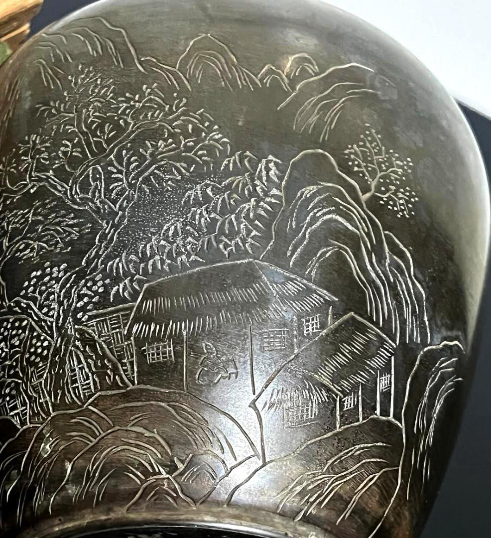 御錫屋天下一美作守款 一刀老人彫 　古錫　茶壷１８.５cm　茶心壺　茶入　煎茶