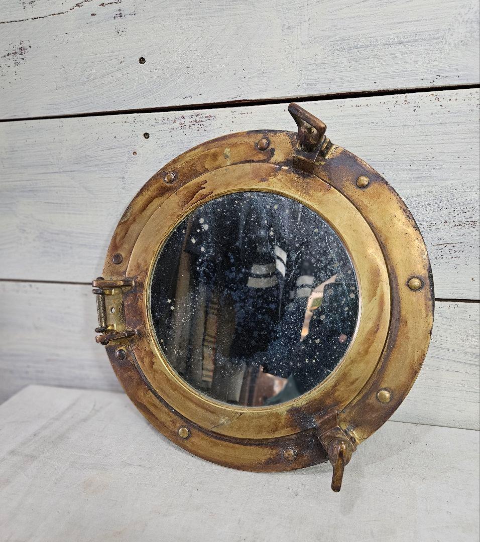 アンティーク 船舶用窓 ウォールミラー 船窓鏡 丸窓 真鍮製 ヴィンテージ