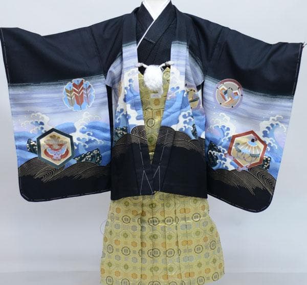 七五三 五歳 男児 黒地 羽織袴フルセット 着物 紋袴 袴変更可 NO27439