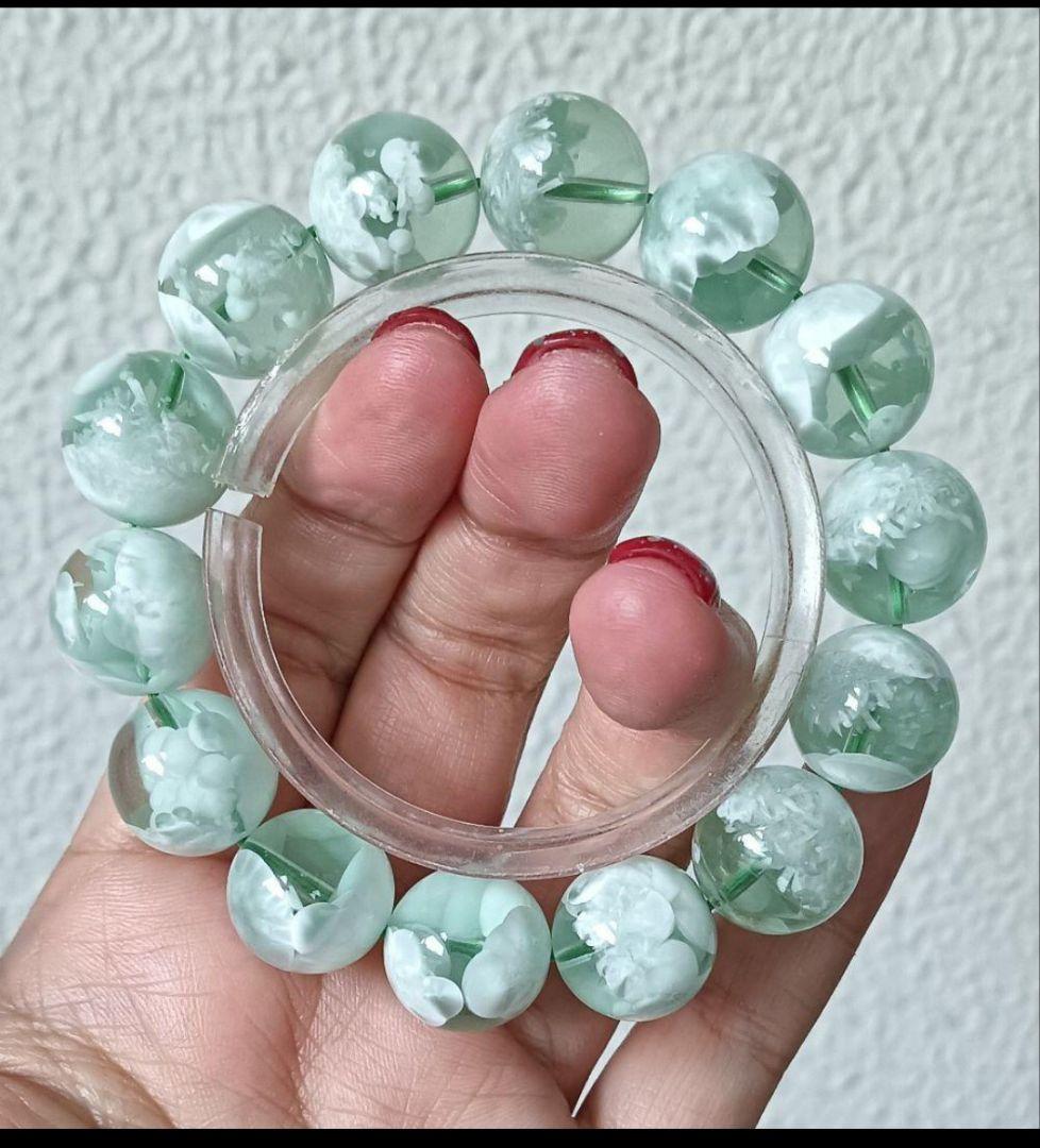 超超超希少石グリーンラリマー‼️14mm内径約17センチ 雪花オブシディアン