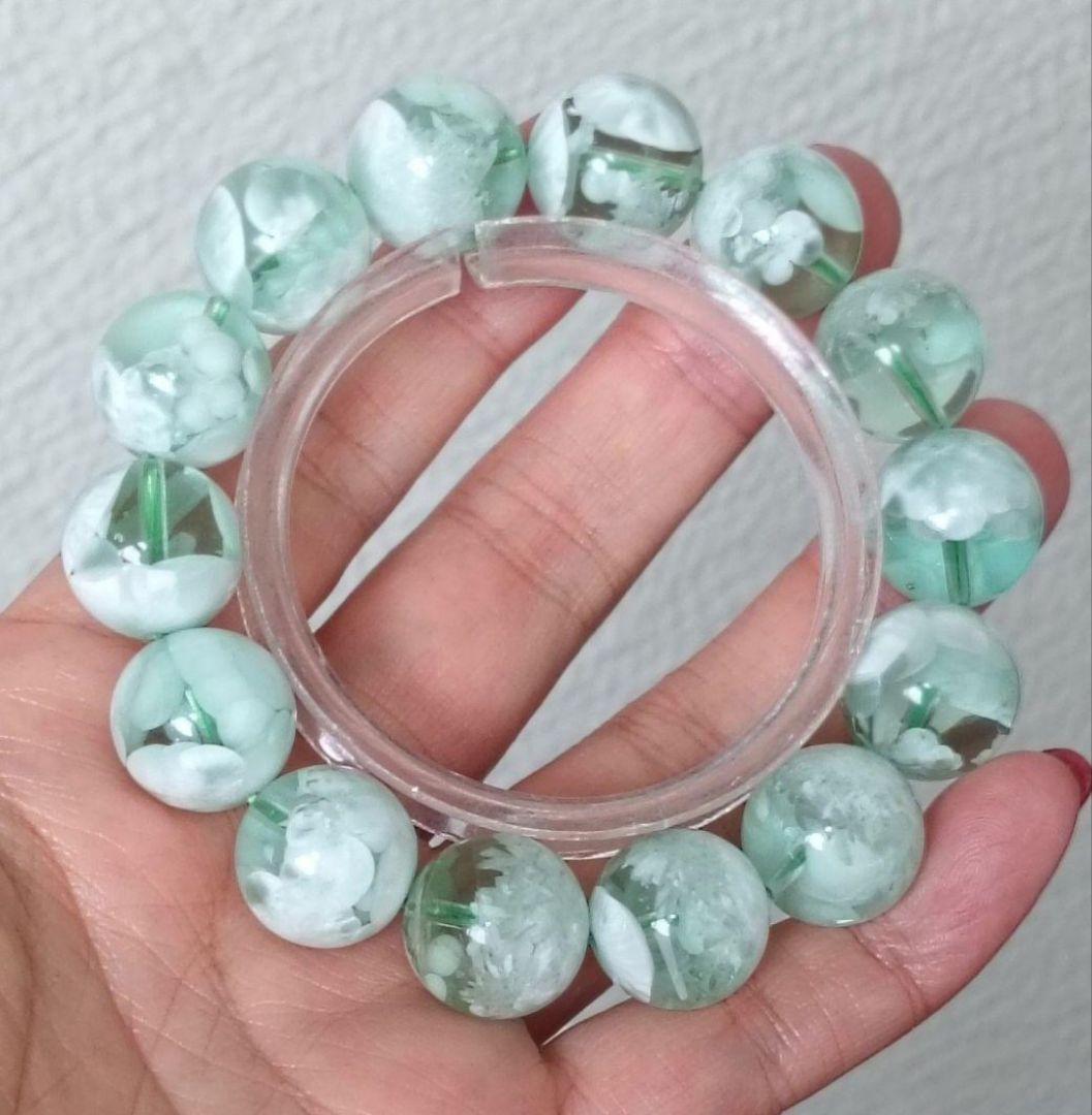 超超超希少石グリーンラリマー‼️14mm内径約17センチ 雪花オブシディアン