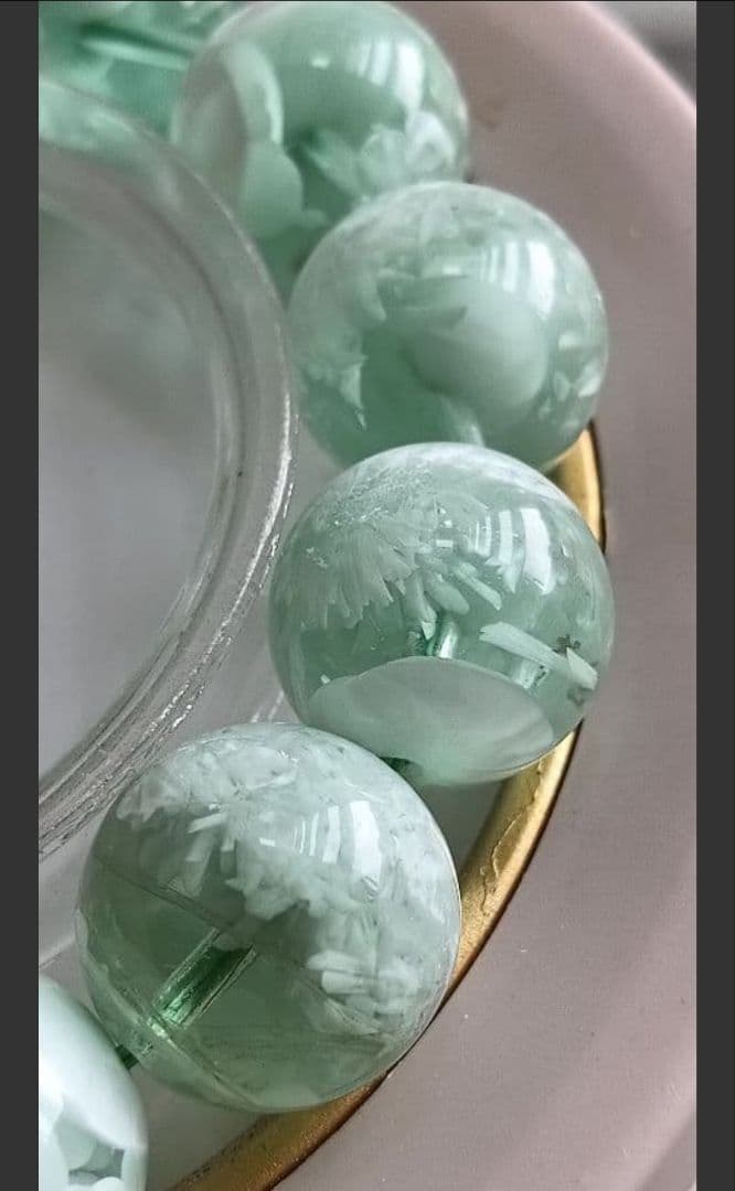 超超超希少石グリーンラリマー‼️14mm内径約17センチ 雪花オブシディアン