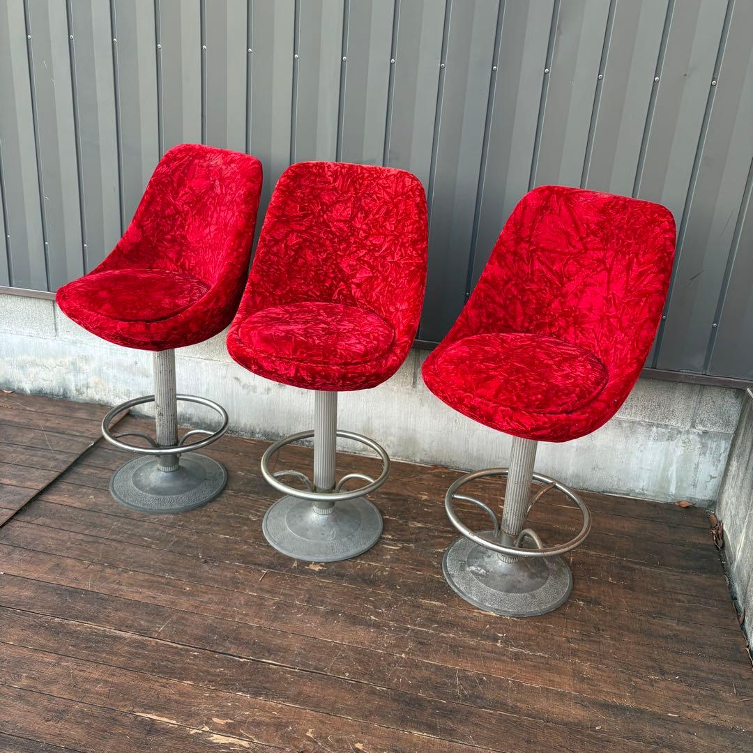 ①昭和レトロ 回転式バーチェア ベロア 赤 ビンテージ スナック椅子 ベルベット