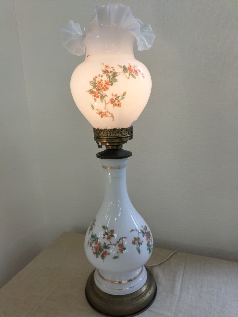 ヴィンテージ　花柄ガラスシェード　有田焼陶器ベース　フロアスタンド　照明器具