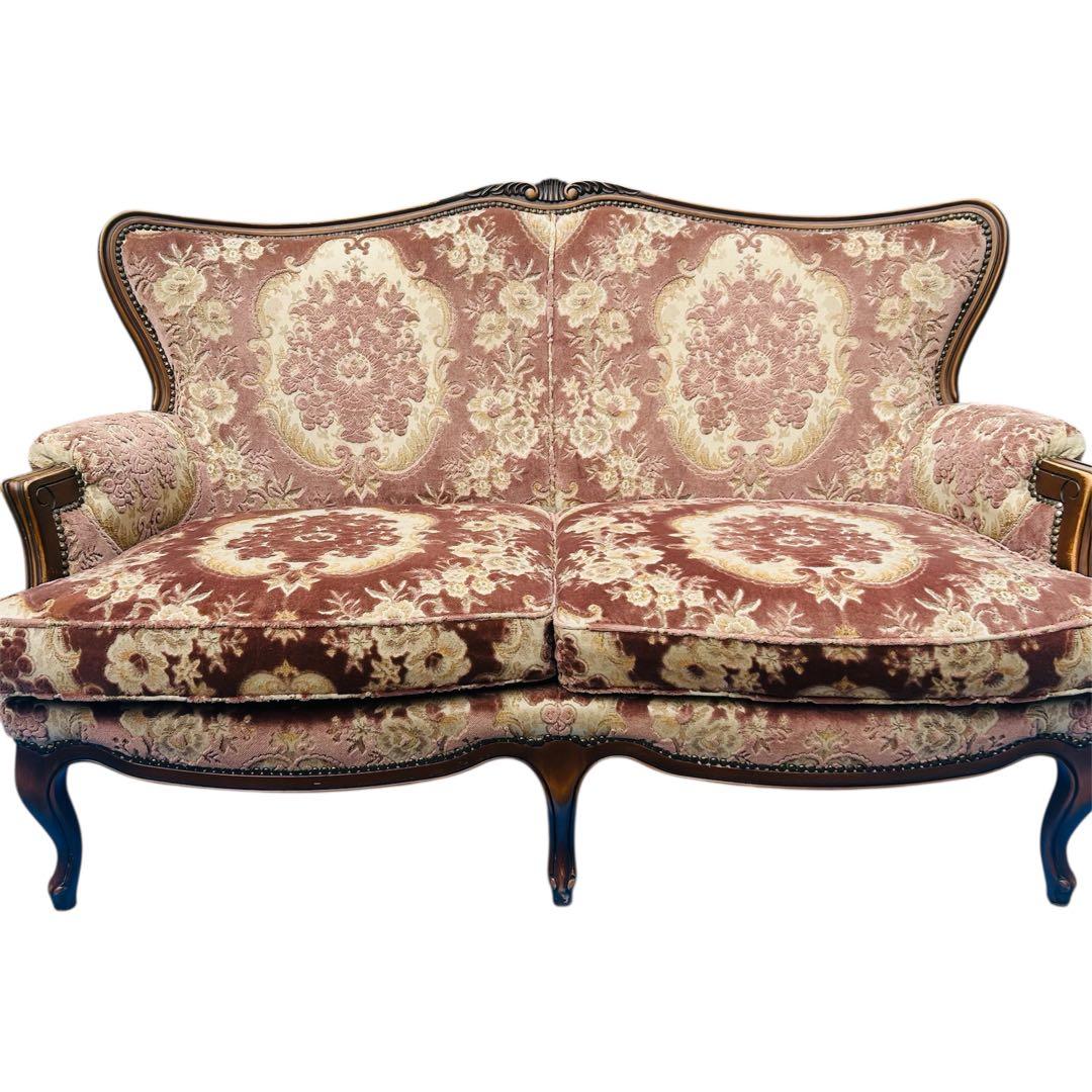 アンティーク　カリモク 猫足ソファ 2人掛け 金華山 鋲打ち　ピンク　送料込み