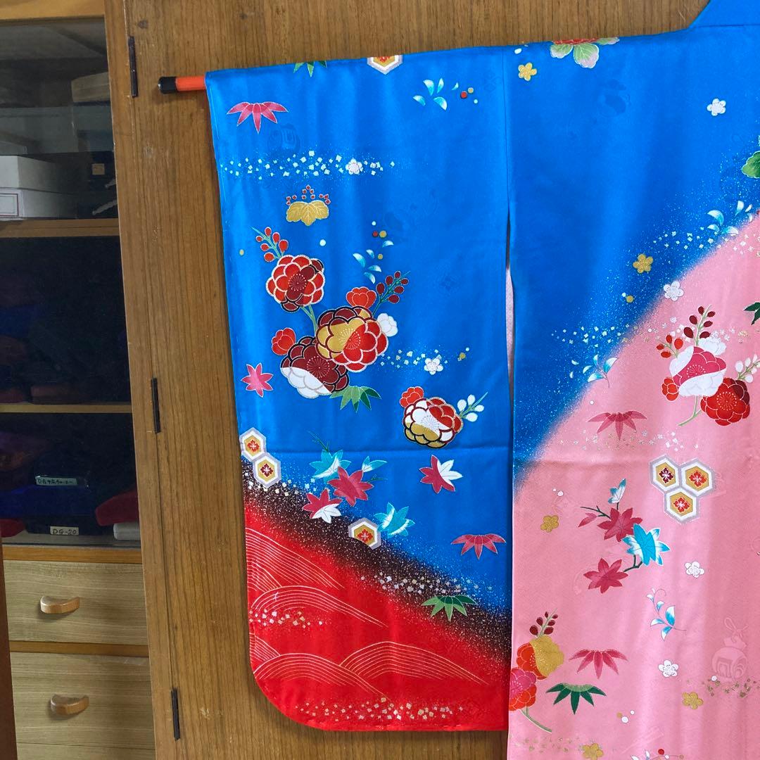 七五三 正絹　七才　女の子　着物　長襦袢セット　ピンクと青