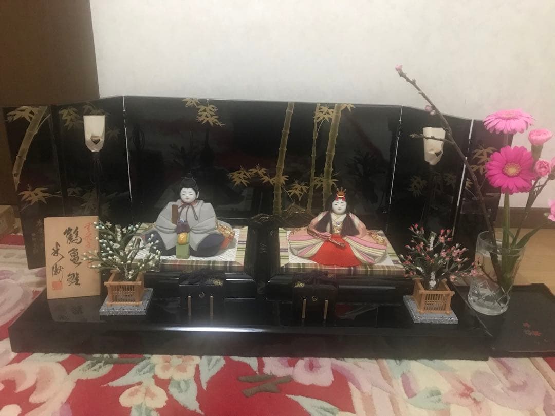 初代石川潤平 木目込　雛人形 鶴亀雛 本金蒔絵黒屏風