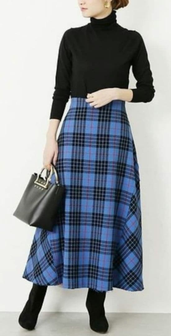 ヴェルメイユパーイエナ★ロングスカート タータンチェック ブルー 36