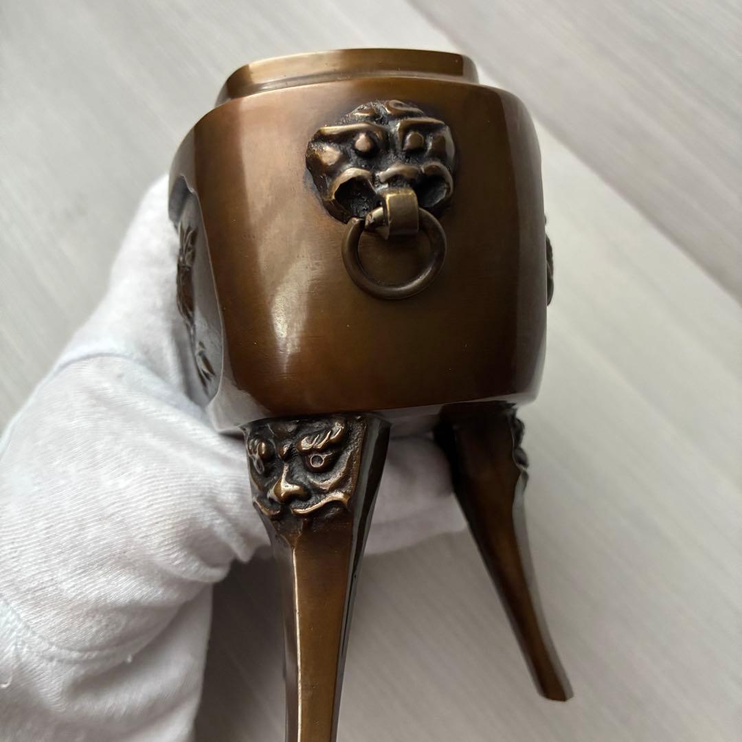 香炉　青銅製　獅子　孔雀　三足　高岡銅器　瑞峰作　茶道具　香道具　お香付き