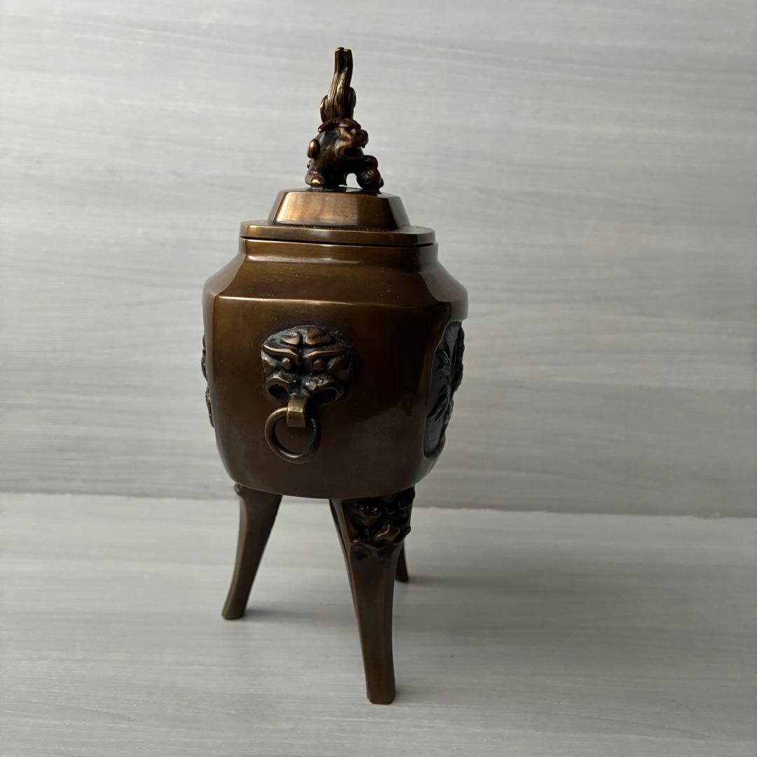 香炉　青銅製　獅子　孔雀　三足　高岡銅器　瑞峰作　茶道具　香道具　お香付き