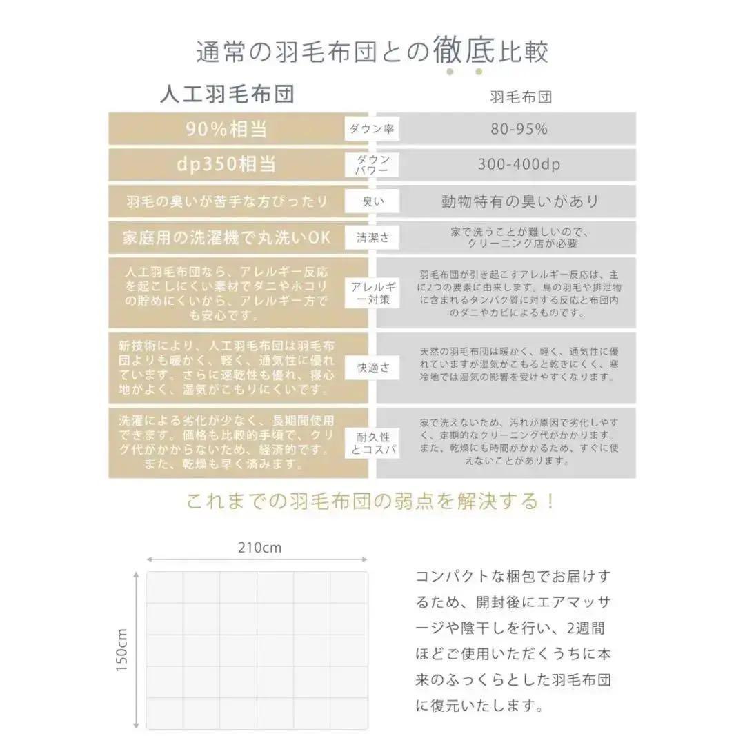 冬用 掛け布団 シングル 超軽量 暖かい 人工羽毛 洗える ホワイト　2枚セット