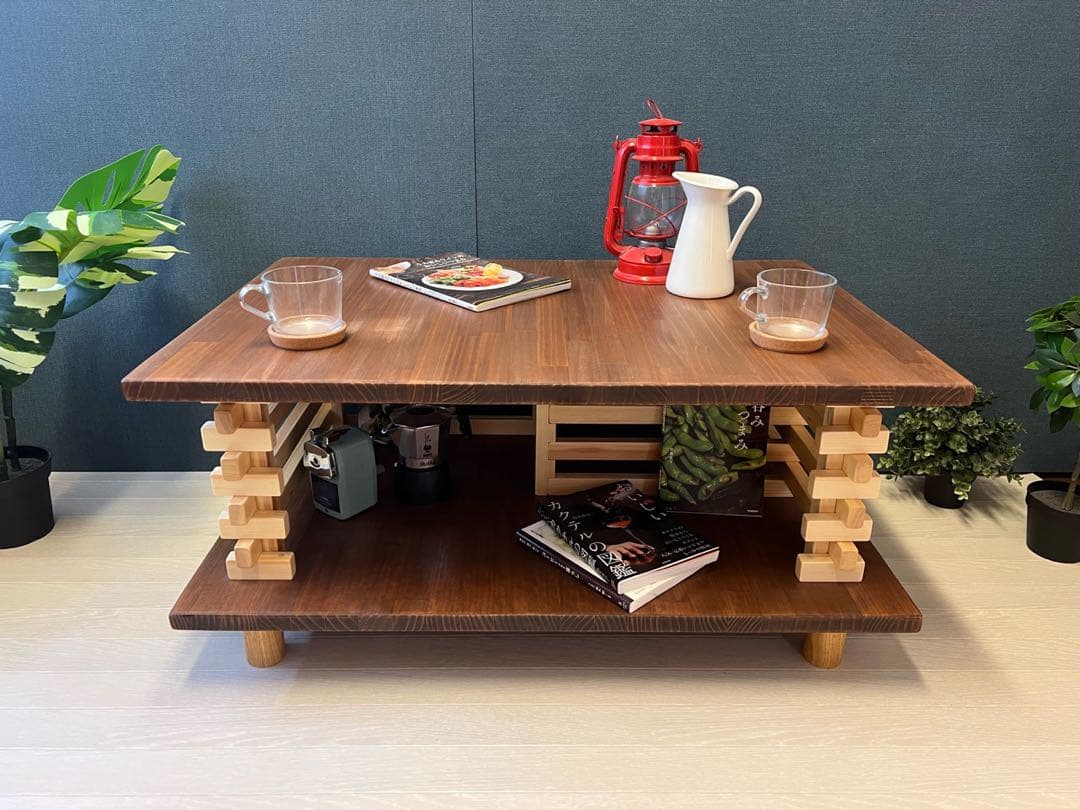 【送料無料】 ローテーブル 和風 木組格子形 90cm パイン ウォルナット