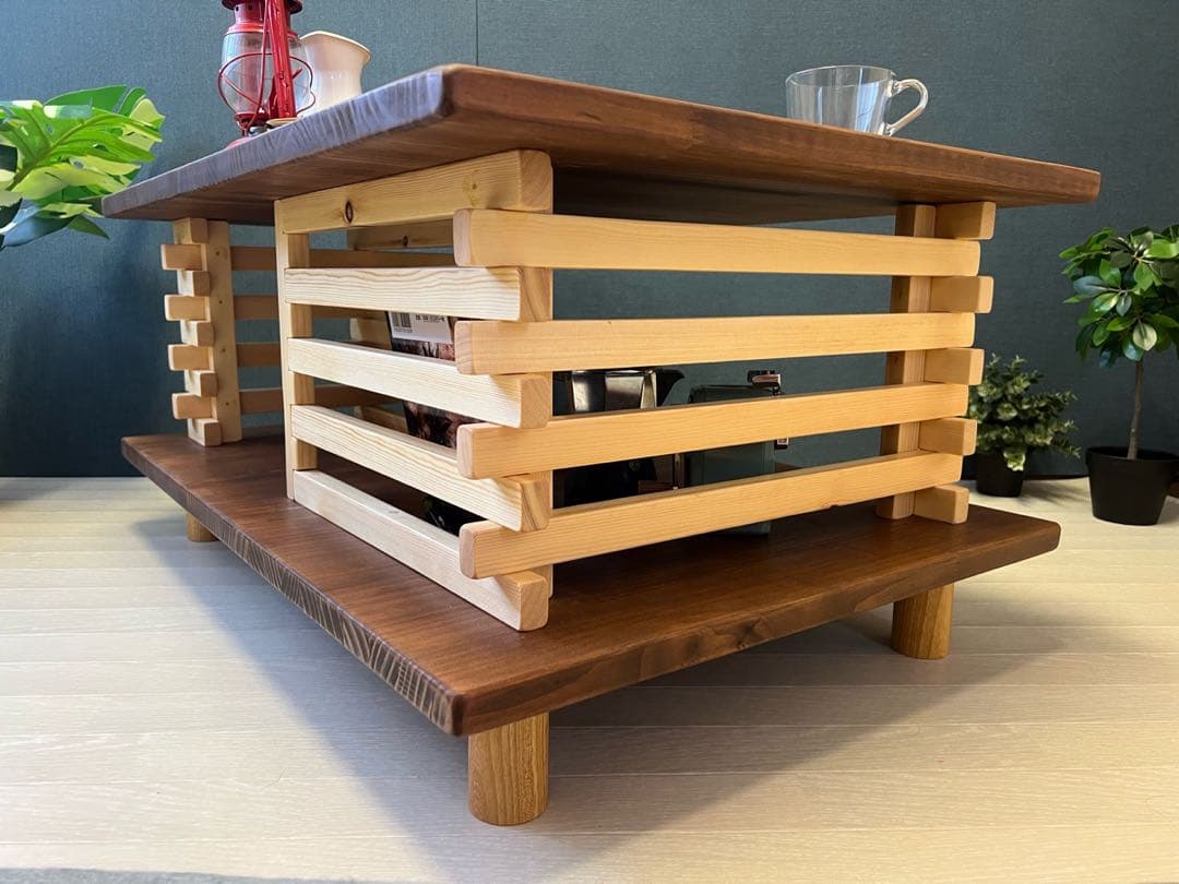 【送料無料】 ローテーブル 和風 木組格子形 90cm パイン ウォルナット