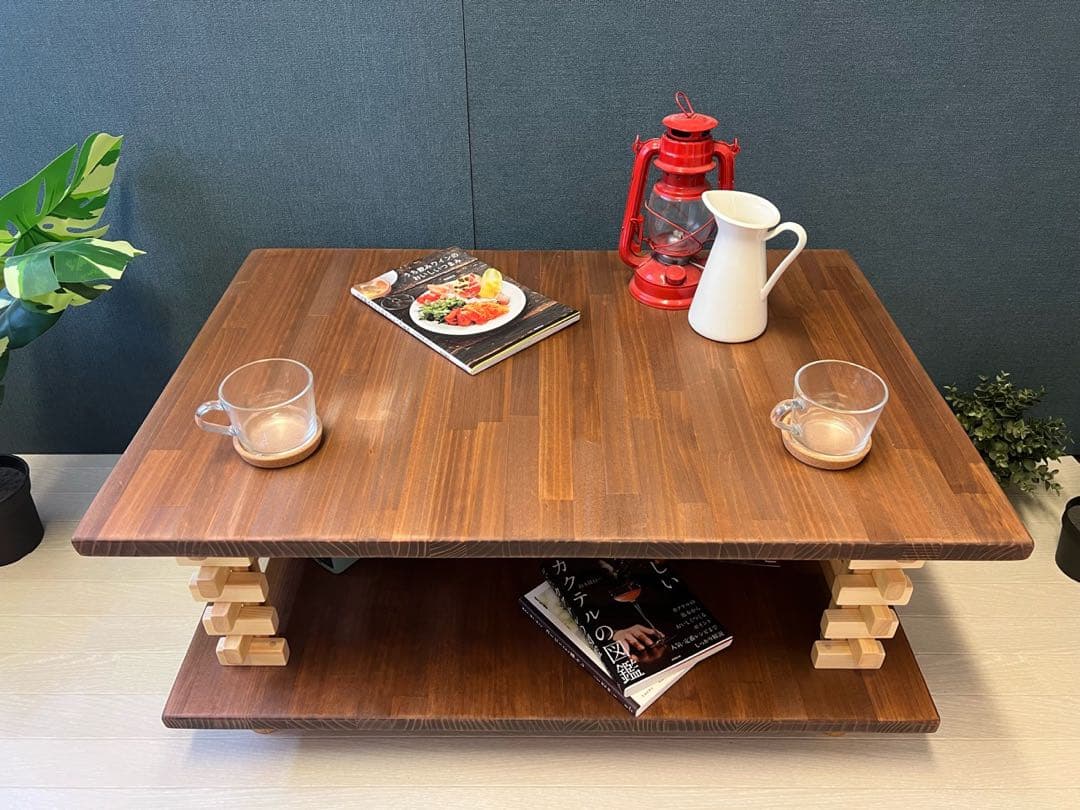 【送料無料】 ローテーブル 和風 木組格子形 90cm パイン ウォルナット