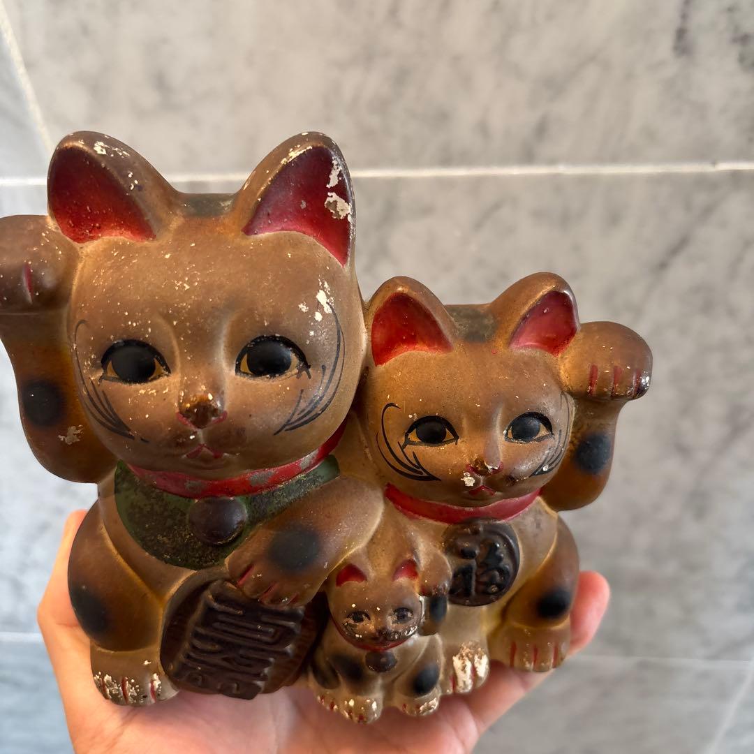 アンティーク雰囲気抜群の良き人、お金を呼び込む親子招き猫