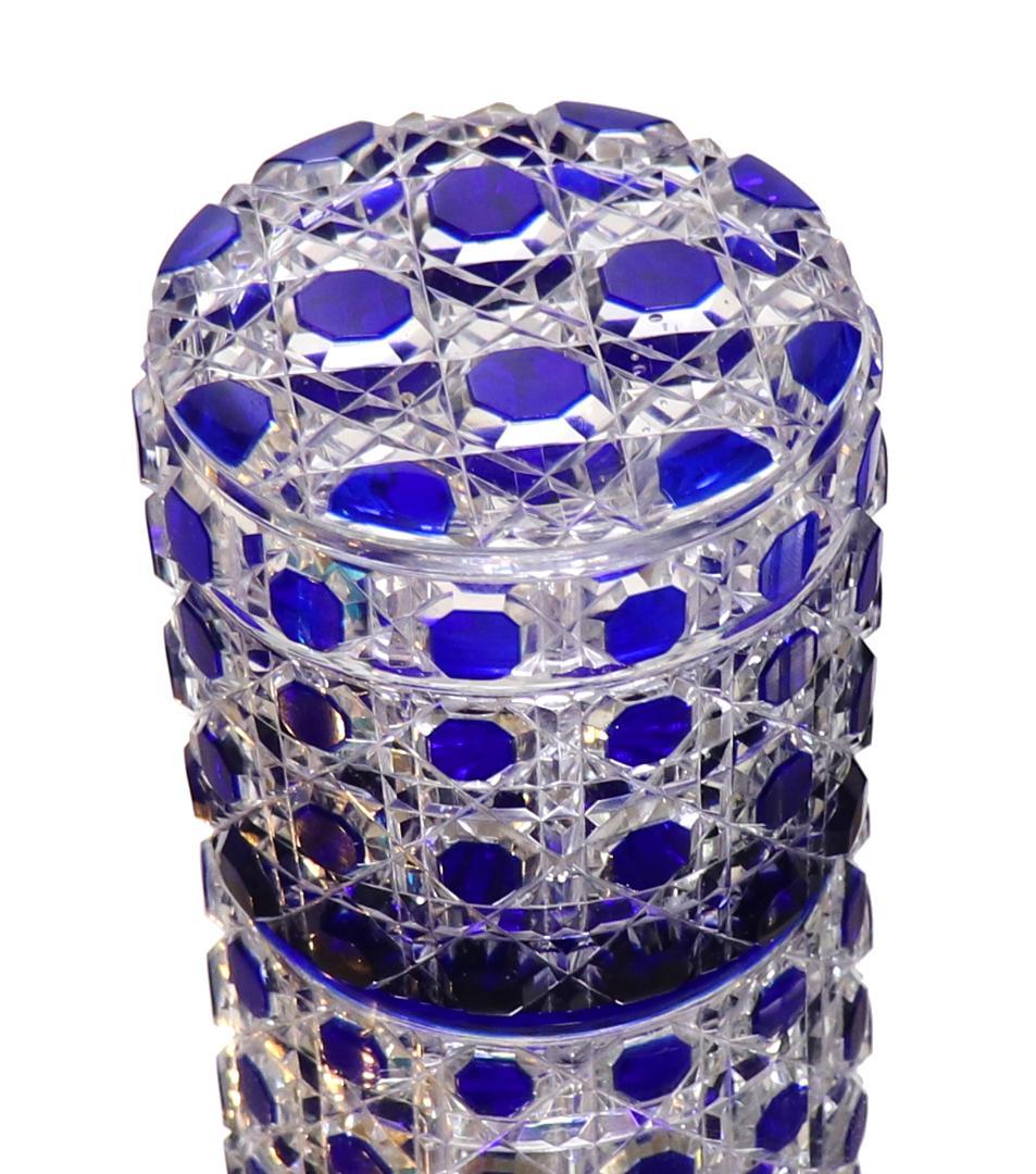 オールド・バカラ 最大サイズ円柱型 青色被せ切子装飾 ディアマンピエーリー 蓋物