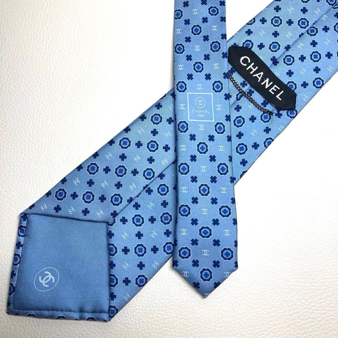 【極美品】CHANEL シャネル　ネクタイ　ライトブルー　ココマーク　サークル