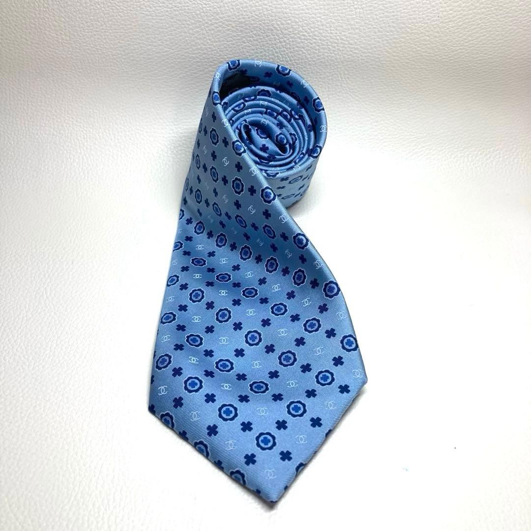 【極美品】CHANEL シャネル　ネクタイ　ライトブルー　ココマーク　サークル