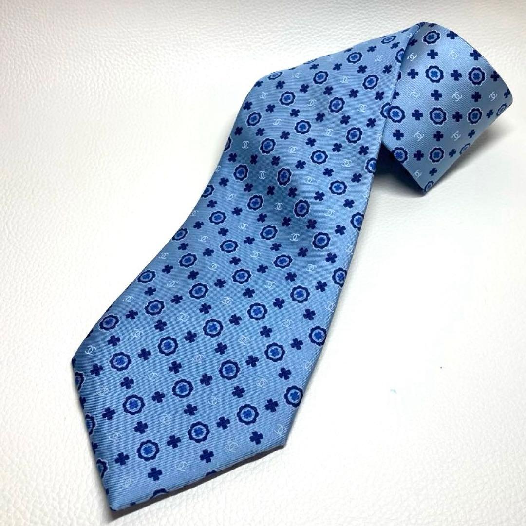 【極美品】CHANEL シャネル　ネクタイ　ライトブルー　ココマーク　サークル