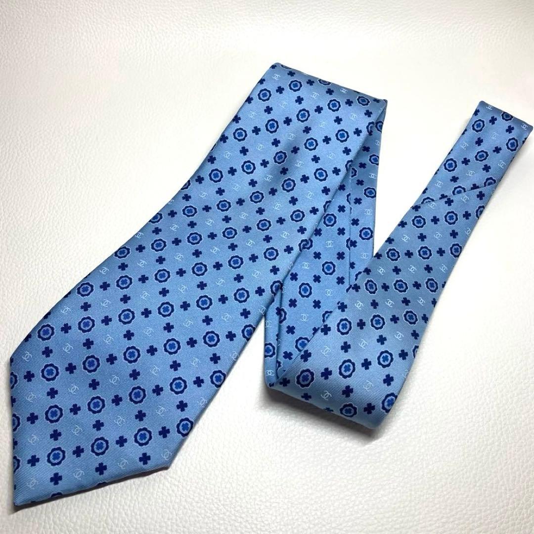 【極美品】CHANEL シャネル　ネクタイ　ライトブルー　ココマーク　サークル