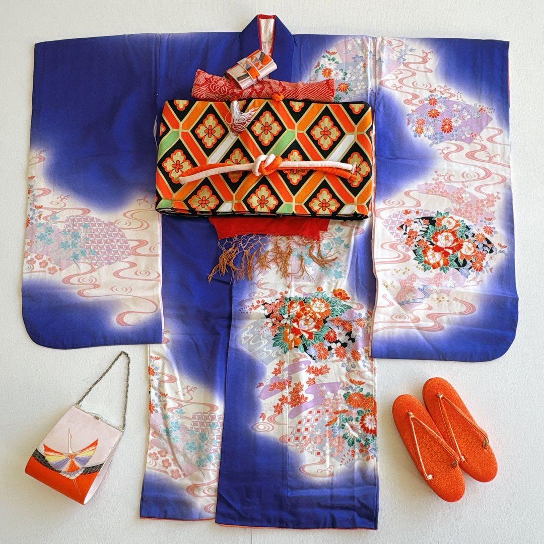 フルセット　七五三　7歳女の子　きもの　絹　紫　牡丹　小物セット