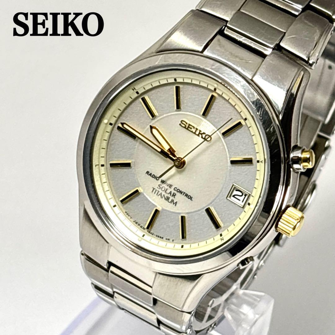 稼働 SEIKO メンズ腕時計 電波ソーラー チタニウム デイト 軽量 コンビ