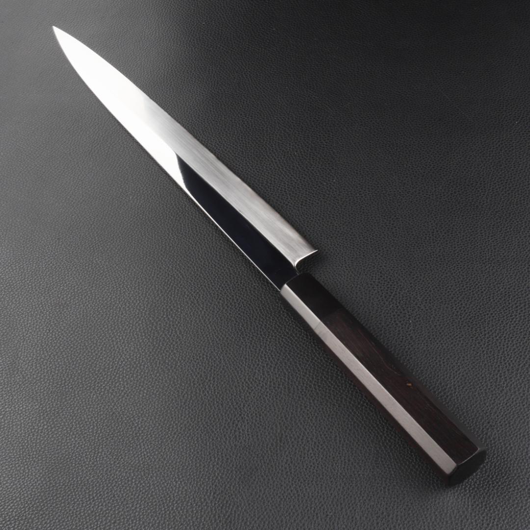 10994フグ引 柳刃包丁 尺寸 鏡面仕上げ 刃は究極の切れ味 黒檀黒水牛八角柄