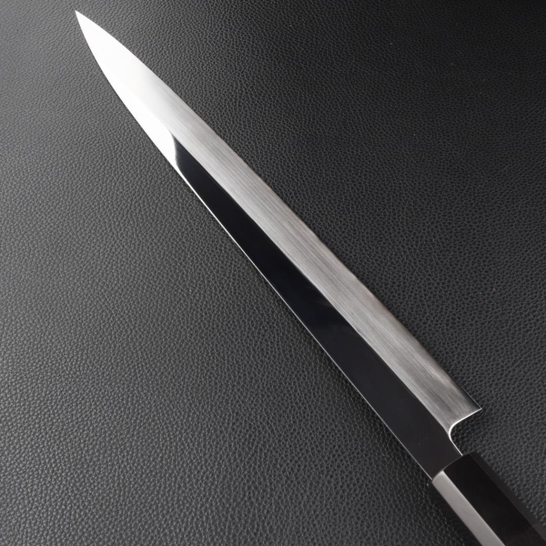 10994フグ引 柳刃包丁 尺寸 鏡面仕上げ 刃は究極の切れ味 黒檀黒水牛八角柄