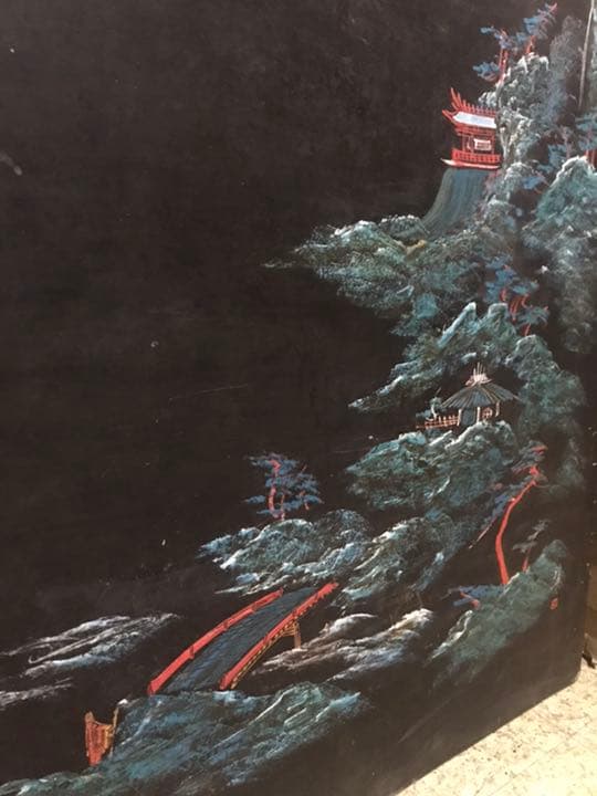 座卓、山水画の座卓、座卓に螺鈿絵画、螺鈿画、螺鈿水墨画、テーブルちゃぶ台、衝立