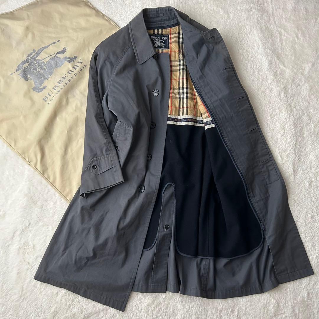 希少カラー バーバリー ステンカラーコート ライナー付 2way ネイビーグレー