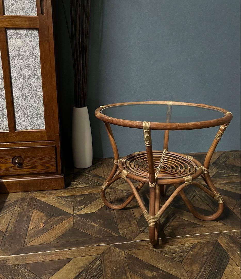 ラタン ガラステーブル 昭和レトロ 当時物 籐 インテリア アンティーク 丸