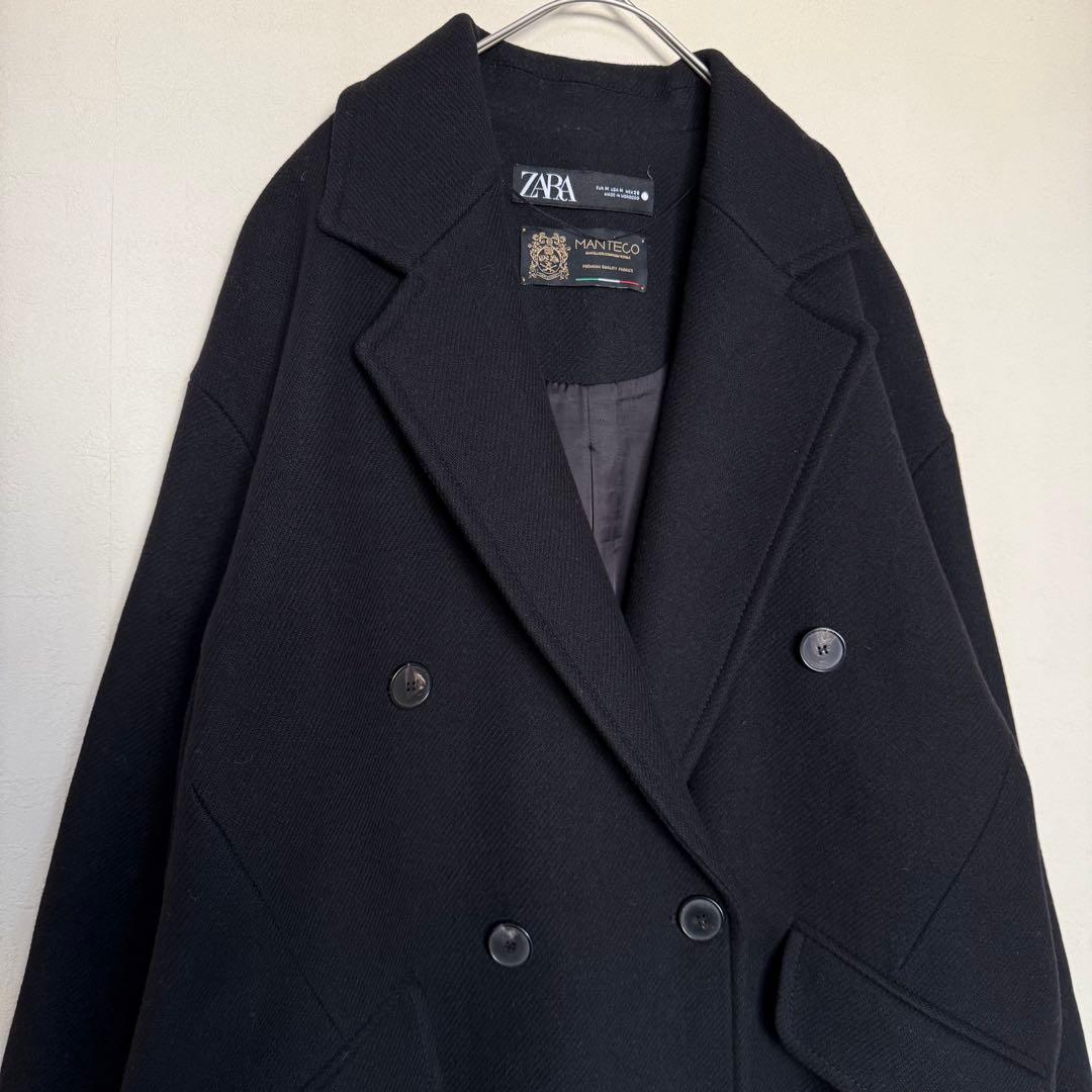 ZARA ザラ マンテコ ダブル チェスターコート ロング黒 M 通勤 高見え
