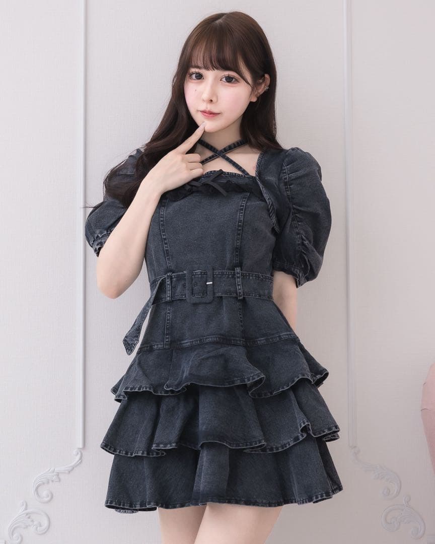 Pium ティアードフリルミニワンピース ブラック デニム ピウム