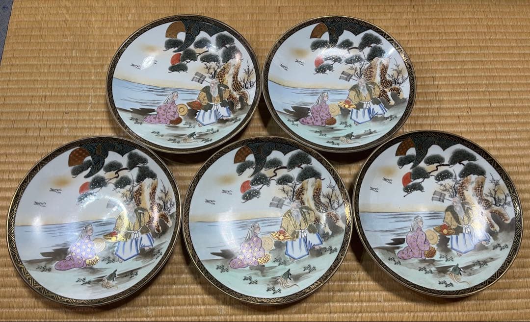 九谷焼 平皿 大鉢 大皿（骨董品・古美術）　日本昔話　5枚セット　共箱　送料無料